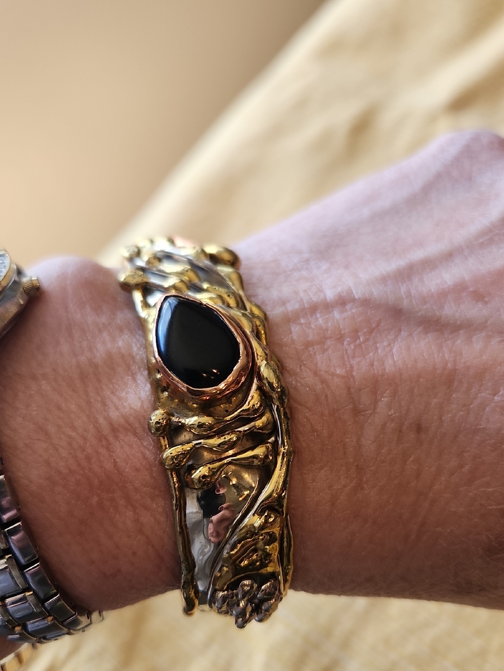 Gold-Tone Mixed Metals  Cuff Bracelet with Black Stone Vintage Abstract Copper